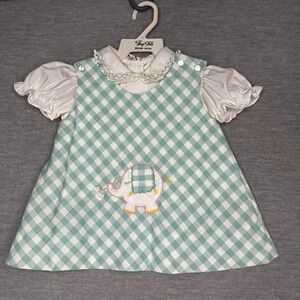 VTG Baby Girls Elephant Dress Tiny Tots Gingham Embroidered Pinafore ? 12 Month
